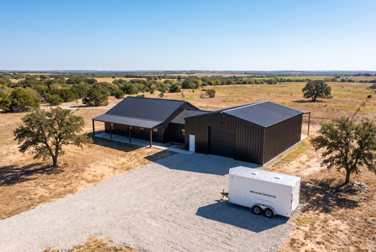 New metal barndominium with shop on Texas acreage near Anna, TX, insulation contractor trailer on site