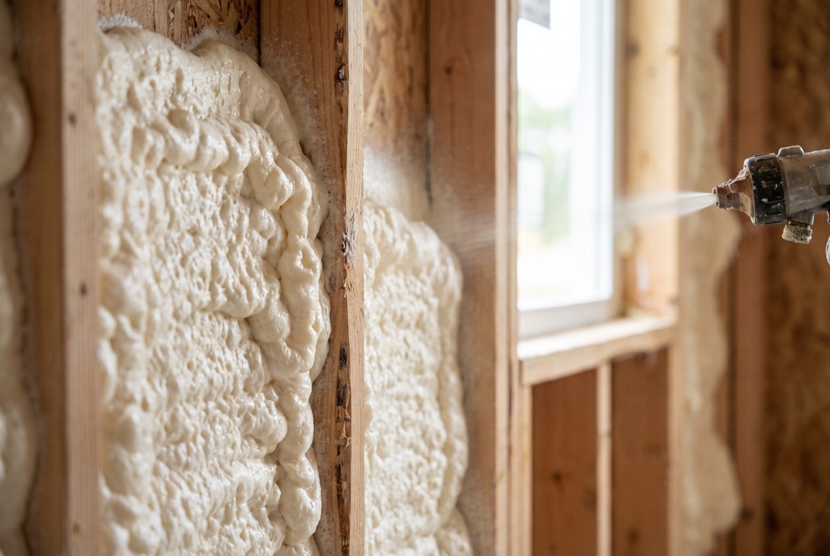 Spray foam insulation expanding between wall studs on a new home near Anna, TX