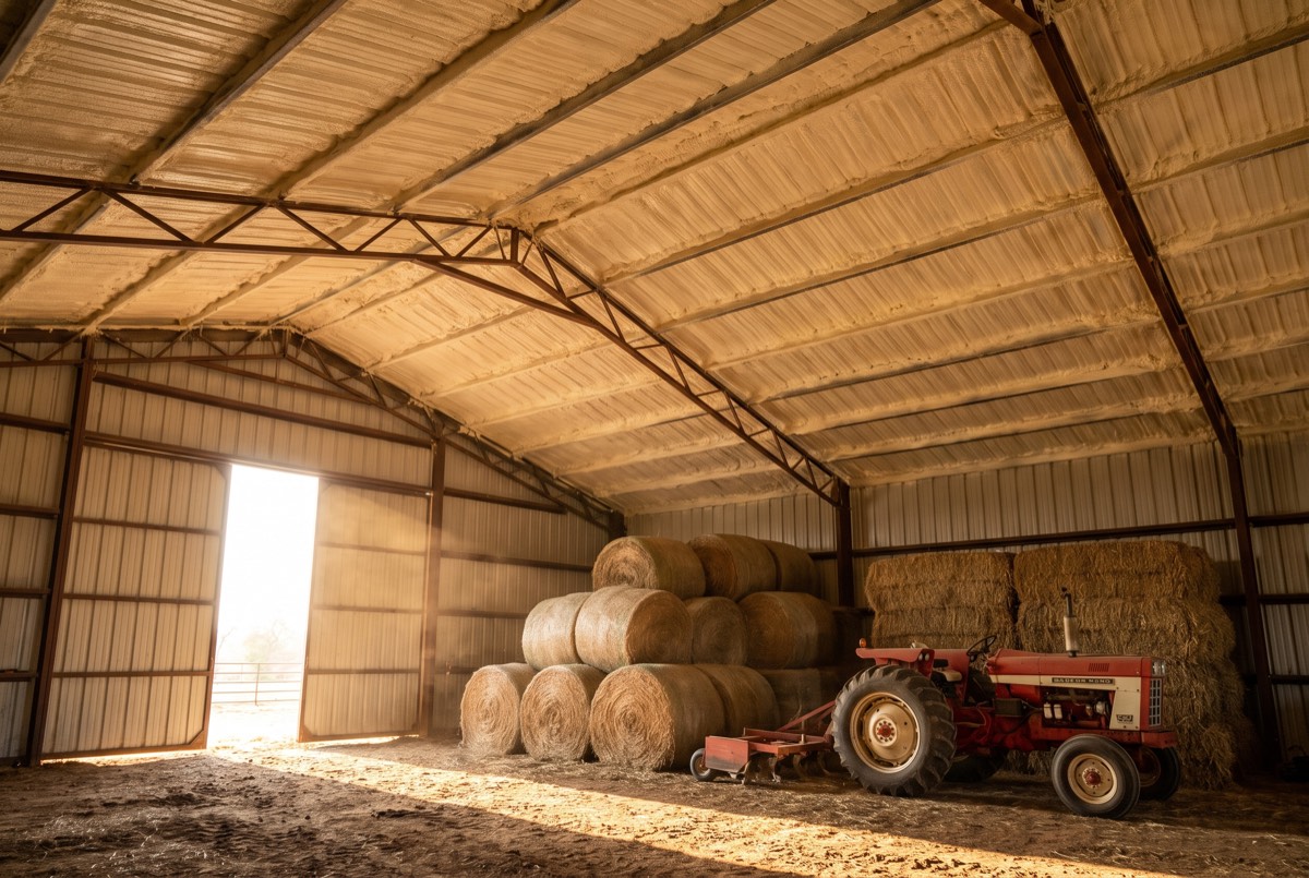 Texas hay barn with spray foam insulated roof panels, hay bales and tractor inside