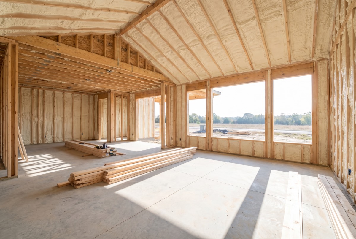 New custom home framing with completed spray foam insulation, ready for drywall
